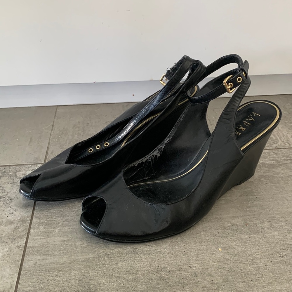 Ralph Lauren black sling back wedges with ankle strap, size 10